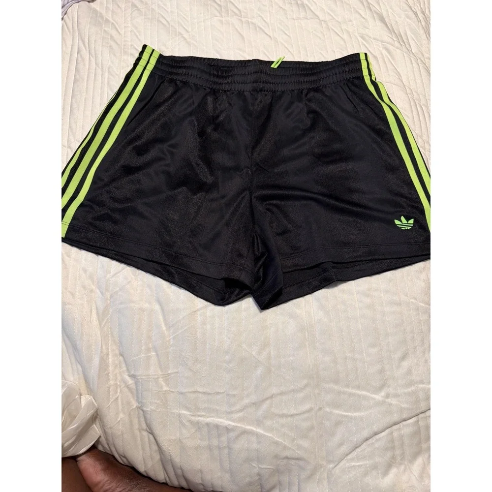 Adidas Originals Mens Black Neon Green 3 Stripe Trefoil Athletic Shorts Soccer